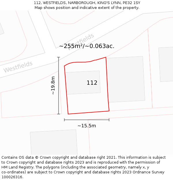 112, WESTFIELDS, NARBOROUGH, KING'S LYNN, PE32 1SY: Plot and title map