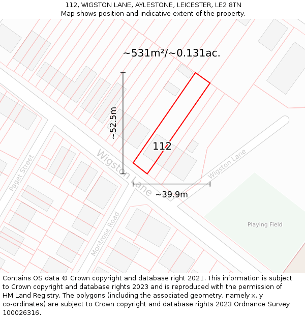 112, WIGSTON LANE, AYLESTONE, LEICESTER, LE2 8TN: Plot and title map