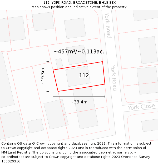 112, YORK ROAD, BROADSTONE, BH18 8EX: Plot and title map