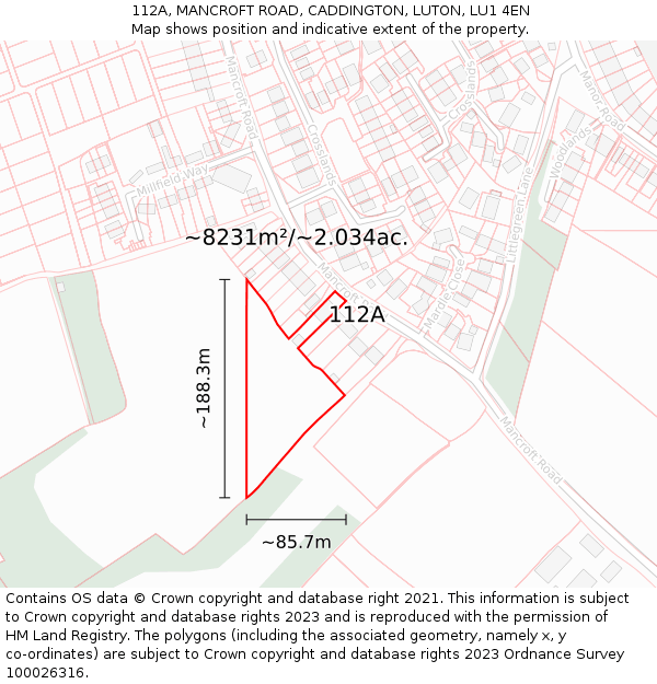 112A, MANCROFT ROAD, CADDINGTON, LUTON, LU1 4EN: Plot and title map