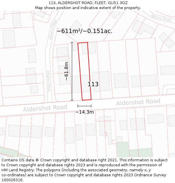 113, ALDERSHOT ROAD, FLEET, GU51 3GZ: Plot and title map