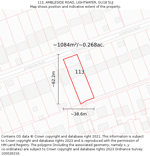 113, AMBLESIDE ROAD, LIGHTWATER, GU18 5UJ: Plot and title map