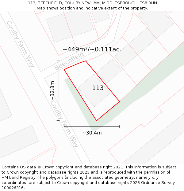 113, BEECHFIELD, COULBY NEWHAM, MIDDLESBROUGH, TS8 0UN: Plot and title map