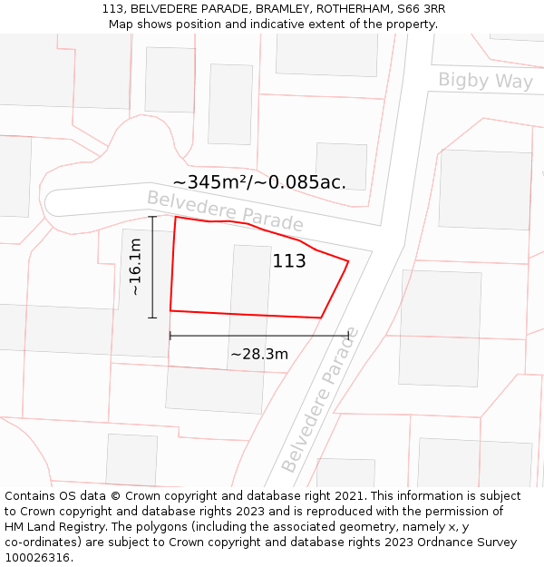 113, BELVEDERE PARADE, BRAMLEY, ROTHERHAM, S66 3RR: Plot and title map