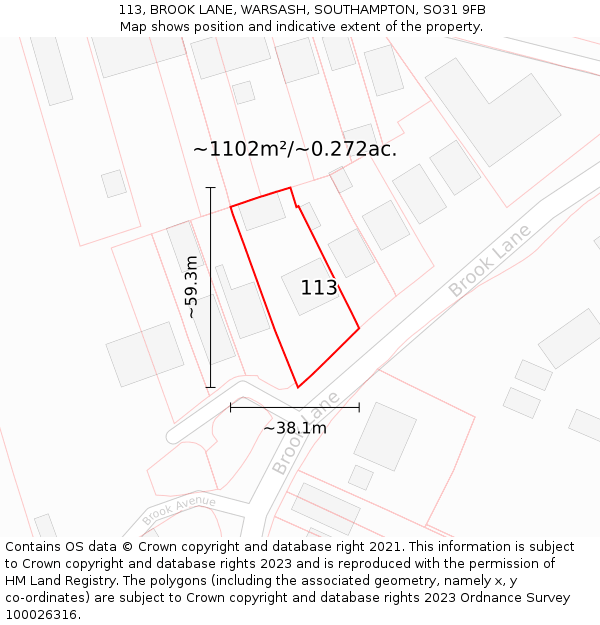 113, BROOK LANE, WARSASH, SOUTHAMPTON, SO31 9FB: Plot and title map