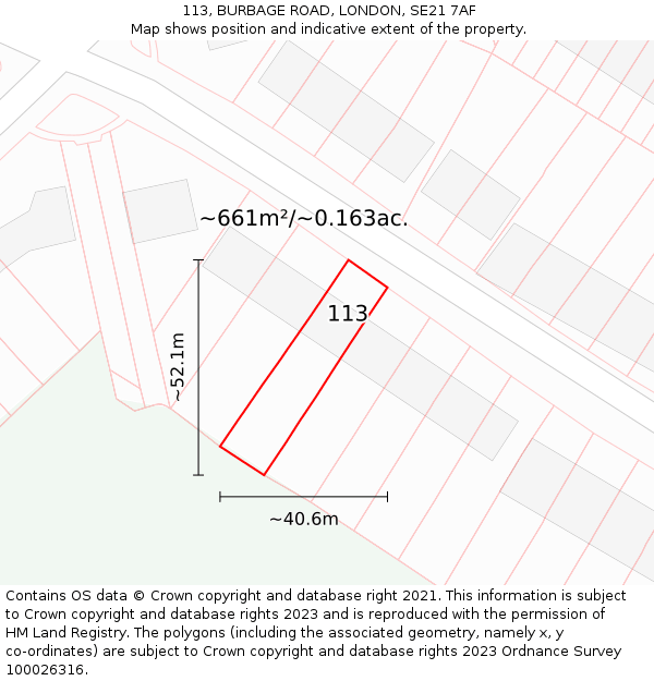 113, BURBAGE ROAD, LONDON, SE21 7AF: Plot and title map