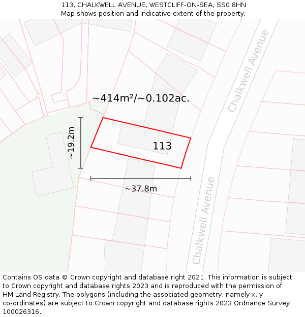 113, CHALKWELL AVENUE, WESTCLIFF-ON-SEA, SS0 8HN: Plot and title map