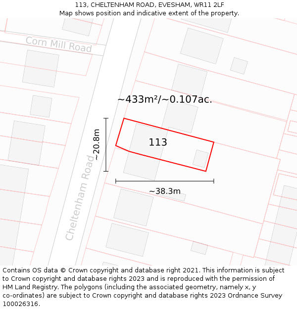 113, CHELTENHAM ROAD, EVESHAM, WR11 2LF: Plot and title map