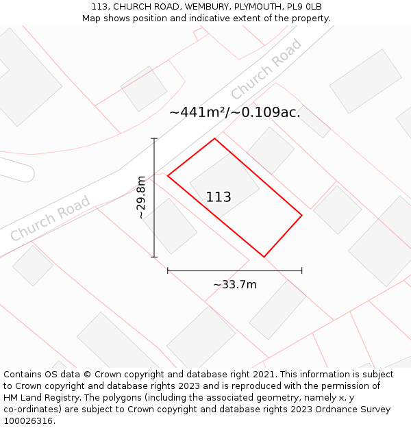 113, CHURCH ROAD, WEMBURY, PLYMOUTH, PL9 0LB: Plot and title map