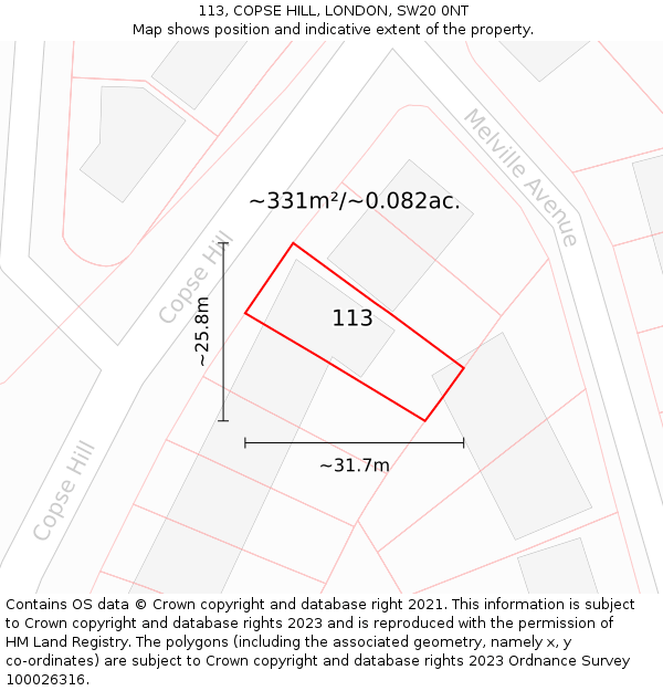 113, COPSE HILL, LONDON, SW20 0NT: Plot and title map