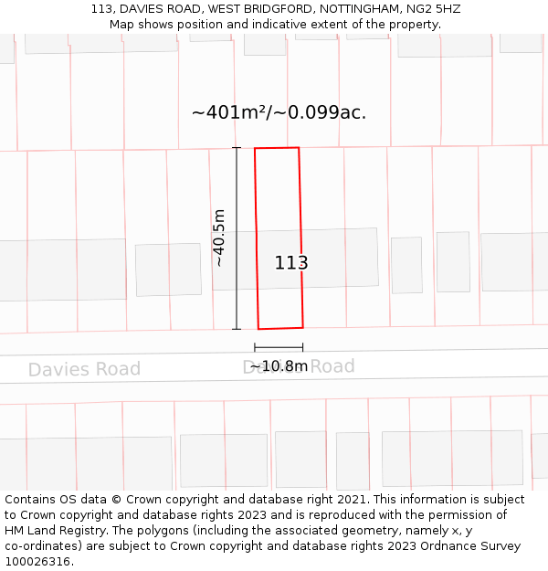 113, DAVIES ROAD, WEST BRIDGFORD, NOTTINGHAM, NG2 5HZ: Plot and title map