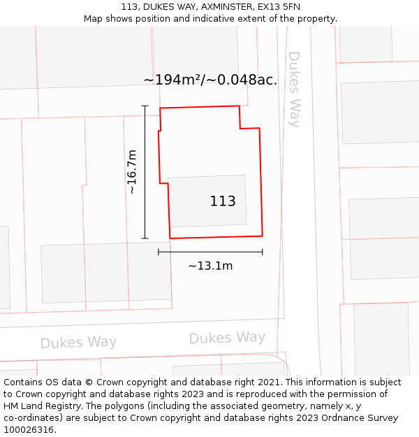 113, DUKES WAY, AXMINSTER, EX13 5FN: Plot and title map