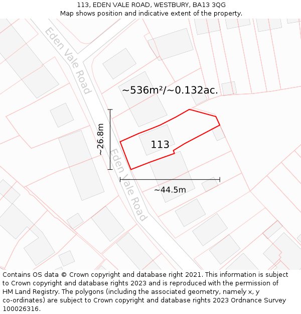 113, EDEN VALE ROAD, WESTBURY, BA13 3QG: Plot and title map