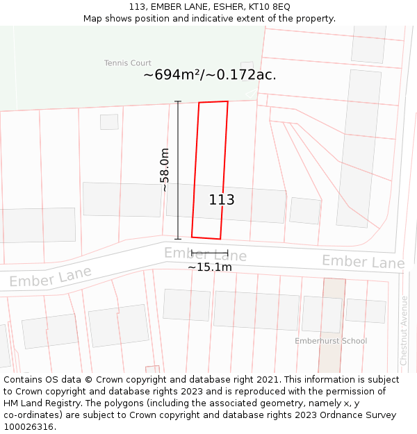 113, EMBER LANE, ESHER, KT10 8EQ: Plot and title map