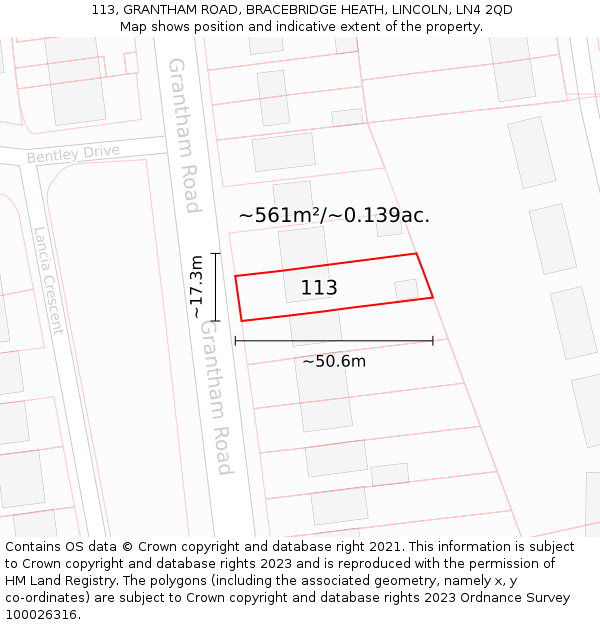 113, GRANTHAM ROAD, BRACEBRIDGE HEATH, LINCOLN, LN4 2QD: Plot and title map