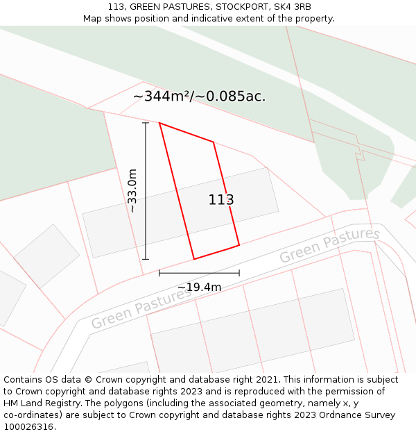 113, GREEN PASTURES, STOCKPORT, SK4 3RB: Plot and title map