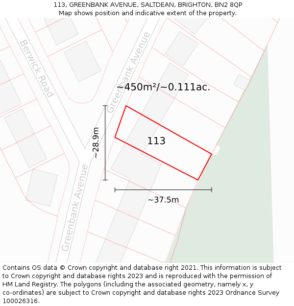 113, GREENBANK AVENUE, SALTDEAN, BRIGHTON, BN2 8QP: Plot and title map