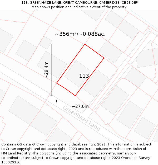 113, GREENHAZE LANE, GREAT CAMBOURNE, CAMBRIDGE, CB23 5EF: Plot and title map