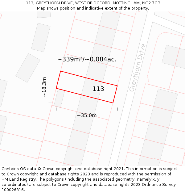 113, GREYTHORN DRIVE, WEST BRIDGFORD, NOTTINGHAM, NG2 7GB: Plot and title map