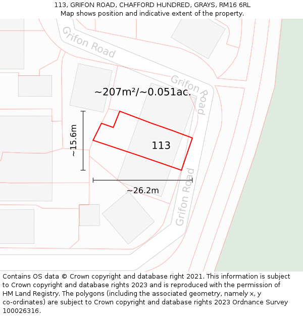 113, GRIFON ROAD, CHAFFORD HUNDRED, GRAYS, RM16 6RL: Plot and title map