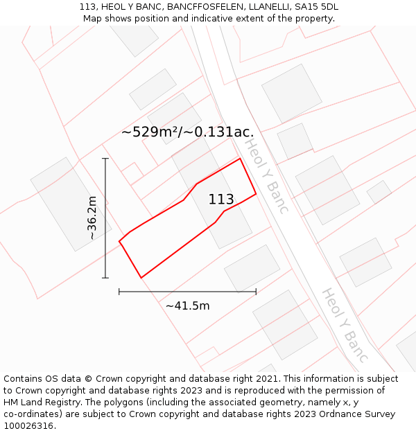 113, HEOL Y BANC, BANCFFOSFELEN, LLANELLI, SA15 5DL: Plot and title map