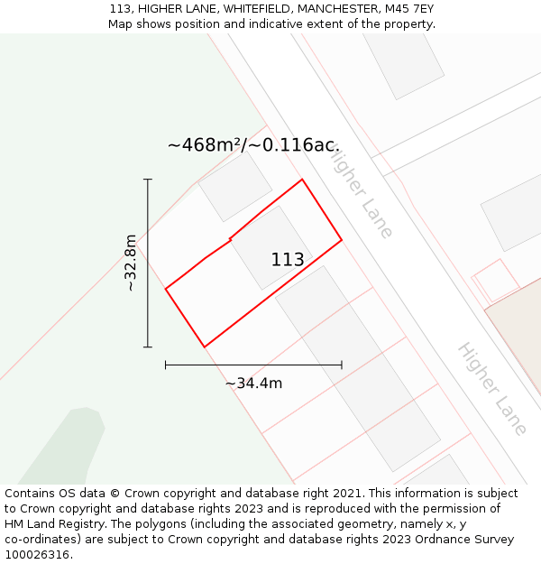 113, HIGHER LANE, WHITEFIELD, MANCHESTER, M45 7EY: Plot and title map