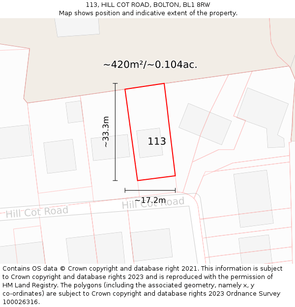 113, HILL COT ROAD, BOLTON, BL1 8RW: Plot and title map