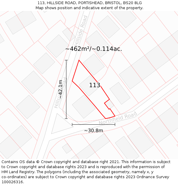 113, HILLSIDE ROAD, PORTISHEAD, BRISTOL, BS20 8LG: Plot and title map