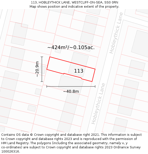 113, HOBLEYTHICK LANE, WESTCLIFF-ON-SEA, SS0 0RN: Plot and title map