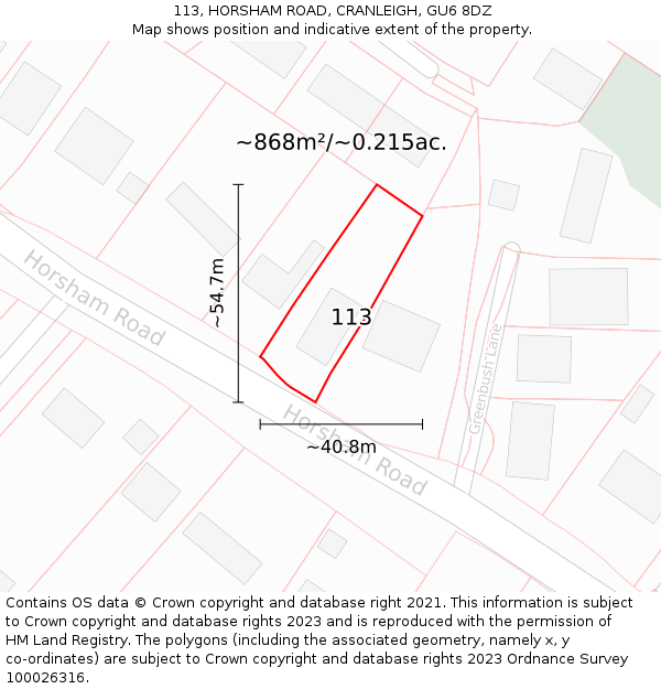 113, HORSHAM ROAD, CRANLEIGH, GU6 8DZ: Plot and title map