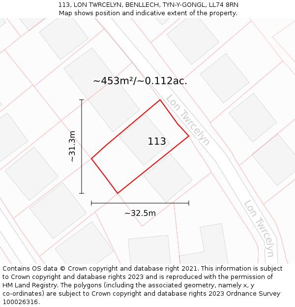 113, LON TWRCELYN, BENLLECH, TYN-Y-GONGL, LL74 8RN: Plot and title map