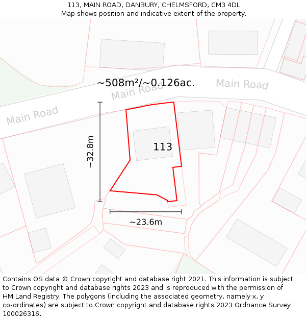 113, MAIN ROAD, DANBURY, CHELMSFORD, CM3 4DL: Plot and title map