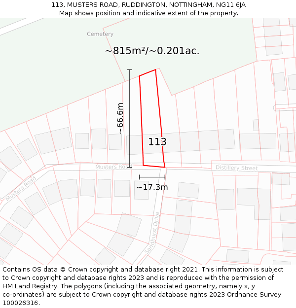 113, MUSTERS ROAD, RUDDINGTON, NOTTINGHAM, NG11 6JA: Plot and title map