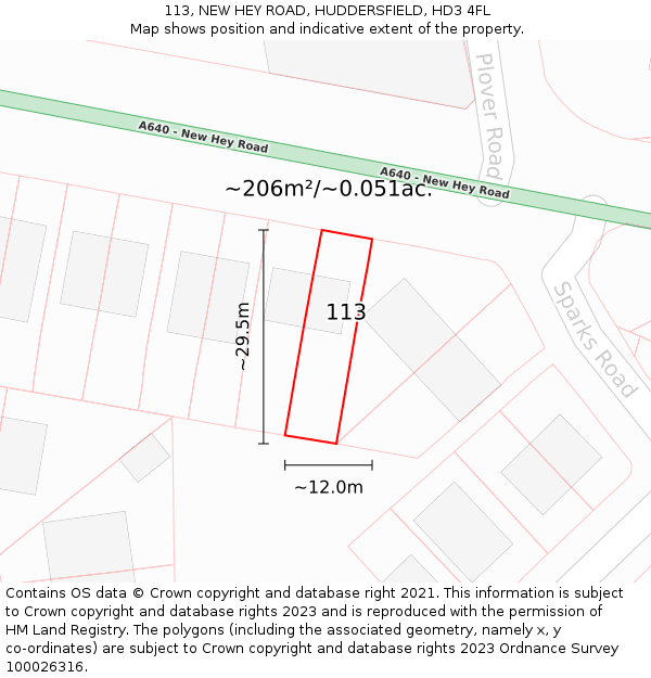 113, NEW HEY ROAD, HUDDERSFIELD, HD3 4FL: Plot and title map