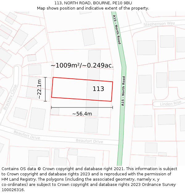 113, NORTH ROAD, BOURNE, PE10 9BU: Plot and title map