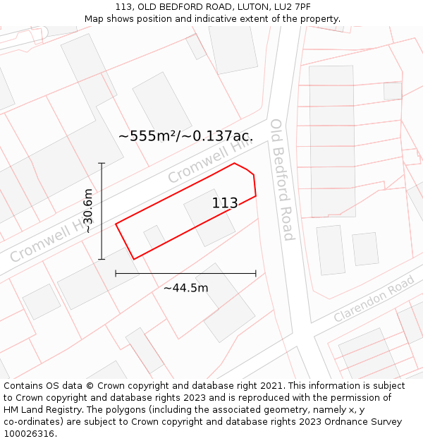 113, OLD BEDFORD ROAD, LUTON, LU2 7PF: Plot and title map