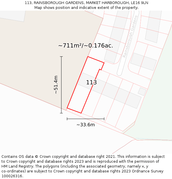 113, RAINSBOROUGH GARDENS, MARKET HARBOROUGH, LE16 9LN: Plot and title map