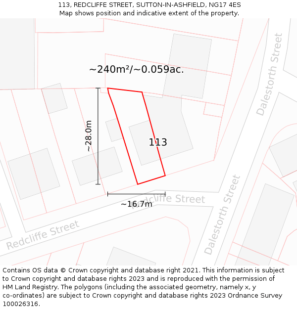 113, REDCLIFFE STREET, SUTTON-IN-ASHFIELD, NG17 4ES: Plot and title map