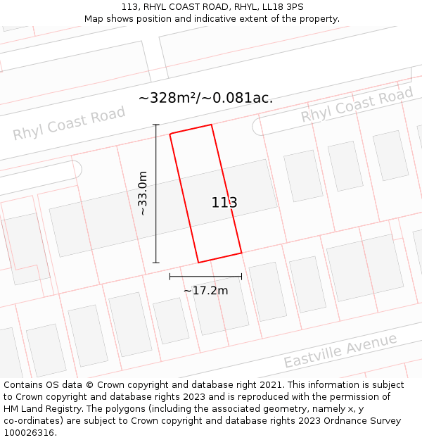 113, RHYL COAST ROAD, RHYL, LL18 3PS: Plot and title map