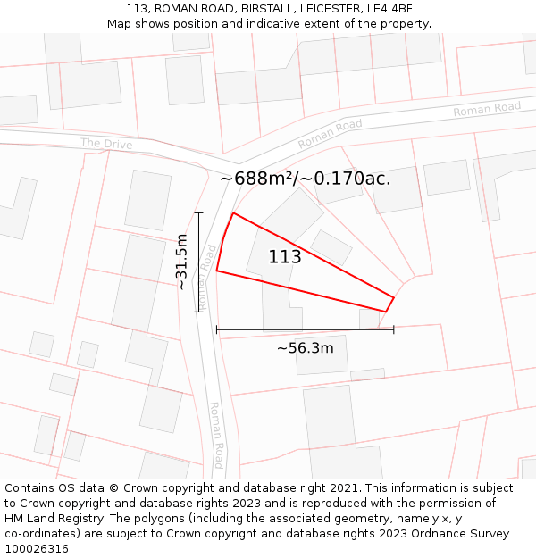 113, ROMAN ROAD, BIRSTALL, LEICESTER, LE4 4BF: Plot and title map