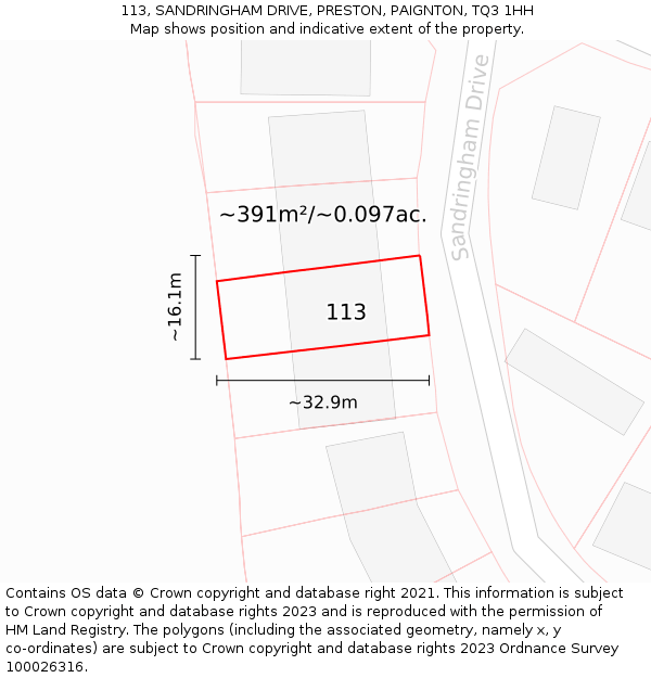 113, SANDRINGHAM DRIVE, PRESTON, PAIGNTON, TQ3 1HH: Plot and title map