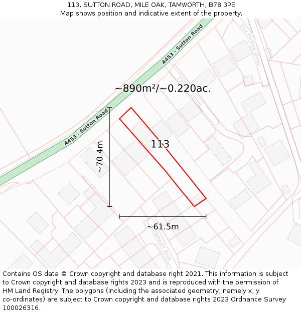 113, SUTTON ROAD, MILE OAK, TAMWORTH, B78 3PE: Plot and title map