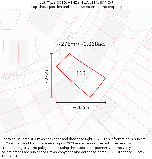 113, TAL Y COED, HENDY, SWANSEA, SA4 0XR: Plot and title map