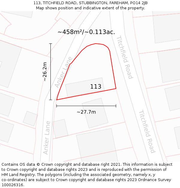 113, TITCHFIELD ROAD, STUBBINGTON, FAREHAM, PO14 2JB: Plot and title map