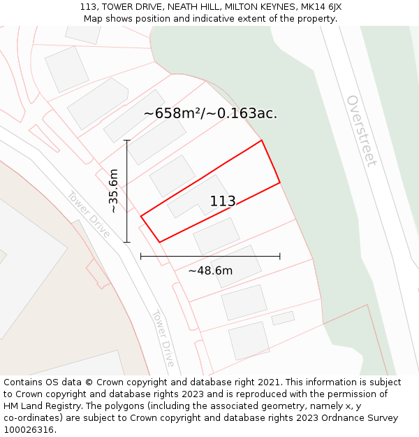 113, TOWER DRIVE, NEATH HILL, MILTON KEYNES, MK14 6JX: Plot and title map