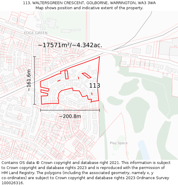 113, WALTERSGREEN CRESCENT, GOLBORNE, WARRINGTON, WA3 3WA: Plot and title map