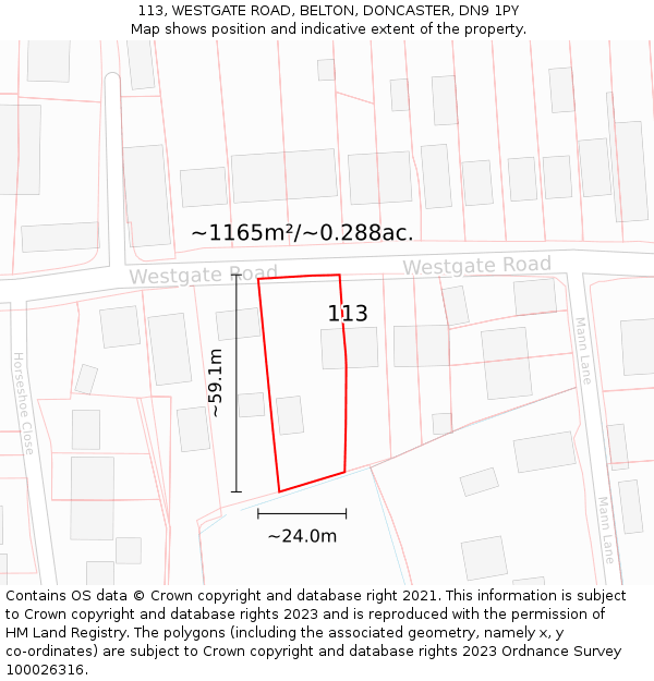 113, WESTGATE ROAD, BELTON, DONCASTER, DN9 1PY: Plot and title map
