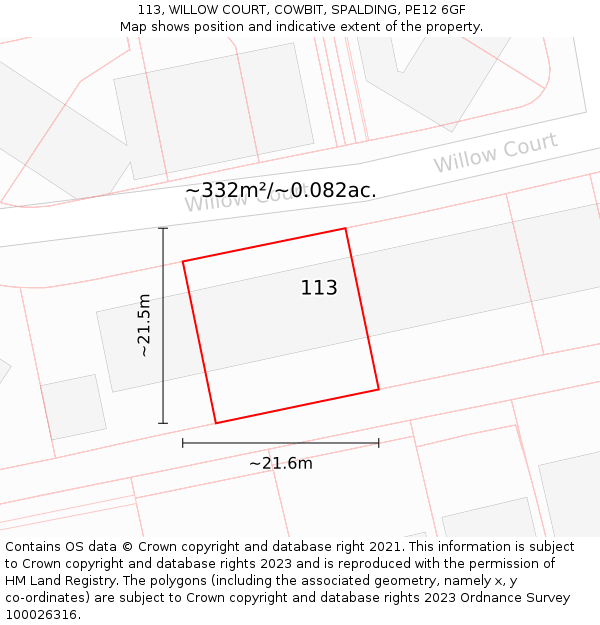 113, WILLOW COURT, COWBIT, SPALDING, PE12 6GF: Plot and title map