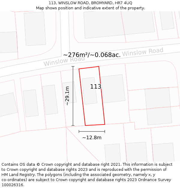 113, WINSLOW ROAD, BROMYARD, HR7 4UQ: Plot and title map