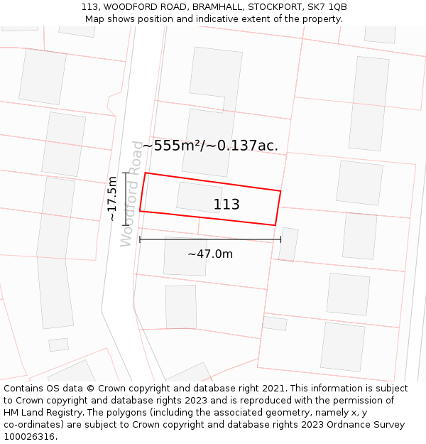 113, WOODFORD ROAD, BRAMHALL, STOCKPORT, SK7 1QB: Plot and title map